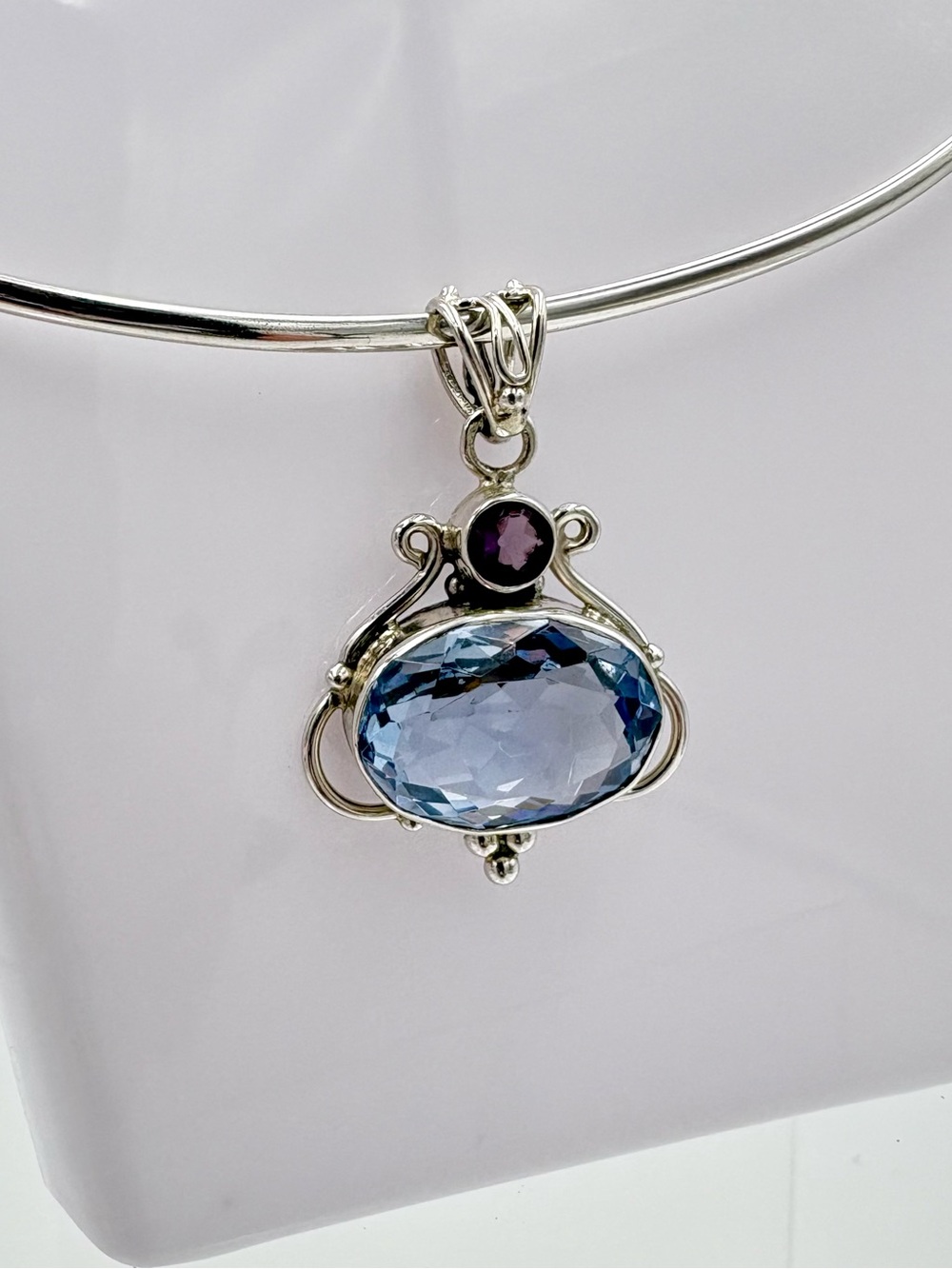 Elegant 925 Silver 10 CT Faceted Aquamarine & Amethyst Pendant - (Pendant Only) - Picture 3 of 16